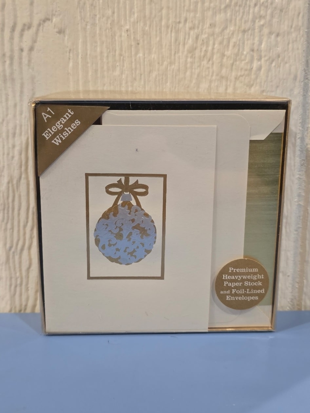 Gold-Trim White Greeting Cards with Blue Ornament